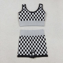 Load image into Gallery viewer, Adult Women Sleeveless Black Plaid Vests Top Short Sets