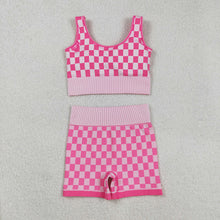 Load image into Gallery viewer, Adult Women Pink Checkered Crop Bra Top Shorts Yoga Outfits Sets