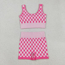 Load image into Gallery viewer, Adult Women Pink Checkered Crop Bra Top Shorts Yoga Outfits Sets