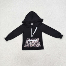 Load image into Gallery viewer, Baby Girls Black Ruffle Hooded Leopard Pocket Long Sleeve Tops