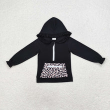 Load image into Gallery viewer, Baby Girls Black Ruffle Hooded Leopard Pocket Long Sleeve Tops