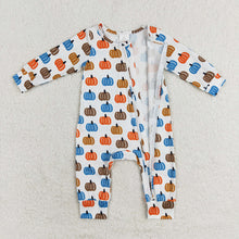 Load image into Gallery viewer, Baby Boys Blue Orange Pumpkin Long Sleeve Zip Rompers