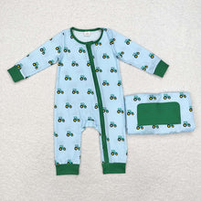Load image into Gallery viewer, Baby Boys Green Tractors Sibling Bamboo Rompers Pajamas Clothes Sets