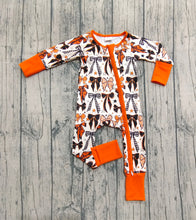 Load image into Gallery viewer, Baby Boys Orange Black Bows Stars Halloween Zipper Footie Rompers
