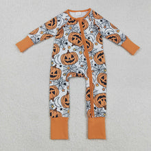 Load image into Gallery viewer, Baby Boys Spider Web Pumpkins Halloween Zipper Footie Rompers
