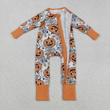 Load image into Gallery viewer, Baby Boys Spider Web Pumpkins Halloween Zipper Footie Rompers