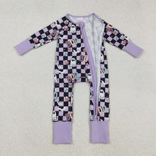 Load image into Gallery viewer, Baby Girls Black Plaid Ghosts Candy Halloween Zipper Footie Rompers