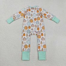 Load image into Gallery viewer, Baby Boys Green Pumpkins Fall Zipper Footie Rompers