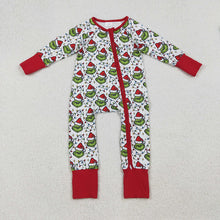 Load image into Gallery viewer, Baby Boys Christmas Lights Green Face Plaid Zipper Footie Rompers