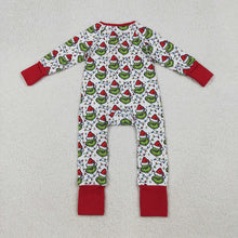 Load image into Gallery viewer, Baby Boys Christmas Lights Green Face Plaid Zipper Footie Rompers
