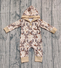 Load image into Gallery viewer, Baby Boys Khaki Camo Deer Button Hoodie Hunting Rompers