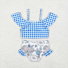 Load image into Gallery viewer, Baby Girls Blue Checkered Top Floral Bummie Two Pieces Swimsuits