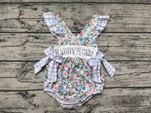 Load image into Gallery viewer, Baby Girls Blue Floral Daddy's Girl Bows Rompers