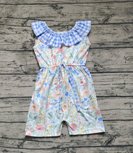 Load image into Gallery viewer, Baby Girls Blue Flowers Checkered Shorts Jumpsuits
