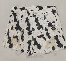 Load image into Gallery viewer, Baby Girls Black White Cow Distressed Denim Shorts