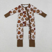 Load image into Gallery viewer, Baby Boys Pie Turkey Pumpkins Thanksgiving Zipper Footie Rompers