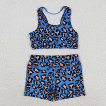 Load image into Gallery viewer, Baby Girls Blue Leopard Crop Tops Shorts Clothes Sets