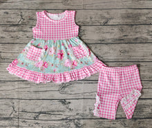 Load image into Gallery viewer, Baby Girls Blue Flowers Tunic Top Pink Checkered Shorts Clothes Sets
