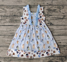 Load image into Gallery viewer, Baby Girls Blue Flowers Dogs Knee Length Dresses