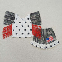 Load image into Gallery viewer, Baby Girls 4th Of July Camo Stars Tops Ruffle Shorts Clothes Sets