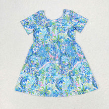Load image into Gallery viewer, Baby Girls Blue Flowers Short Sleeve Knee Length Dresses