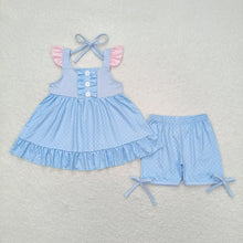 Load image into Gallery viewer, Baby Girls Blue Princess Flutter Sleeve Tunic Top Shorts Clothes Sets