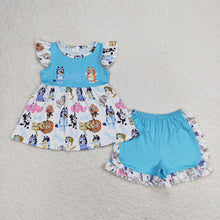 Load image into Gallery viewer, Baby Girls Blue Dog Flutter Sleeve Tunic Top Ruffle Shorts Clothes Sets