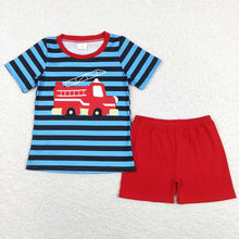 Load image into Gallery viewer, Baby Boys Short Sleeve Firetruck Shirts Shorts Rompers Brother Clothes Sets