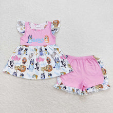 Load image into Gallery viewer, Baby Girls Blue Dog Sibling Sister Outfits Ruffle Shorts Clothes Sets