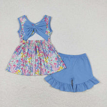 Load image into Gallery viewer, Baby Girls Blue Flowers Bow Tunic Top Ruffle Shorts Clothes Sets