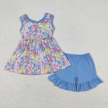 Load image into Gallery viewer, Baby Girls Blue Flowers Bow Tunic Top Ruffle Shorts Clothes Sets