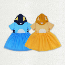 Load image into Gallery viewer, Baby Girls Blue Orange Dogs Ears Sibling Sister Tutu Knee Length Dresses
