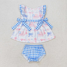 Load image into Gallery viewer, Baby Girls Blue Bows Flags Tunic Top Bummies Clothes Sets