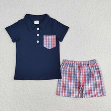 Load image into Gallery viewer, Baby Boys Navy Pullover Top Checkered Shorts Clothes Sets