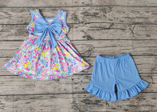 Load image into Gallery viewer, Baby Girls Blue Flowers Bow Tunic Top Ruffle Shorts Clothes Sets
