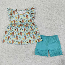 Load image into Gallery viewer, Baby girls green cow floral pearl summer shorts sets