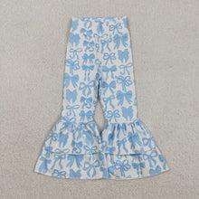Load image into Gallery viewer, Baby Girls Blue Bows Yoga Active Ruffle Bell Bottom Pants