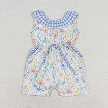 Load image into Gallery viewer, Baby Girls Blue Flowers Checkered Shorts Jumpsuits