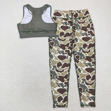 Load image into Gallery viewer, Adult Women Green Vest Top Camo Pants Yoga Sports Clothes Sets