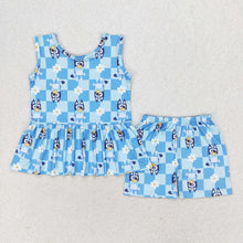 Load image into Gallery viewer, Baby Girls Blue Dogs Flowers Tunic Top Shorts Clothes Sets