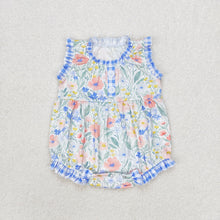 Load image into Gallery viewer, Baby Girls Blue Flowers Ruffle Sleeveless Rompers