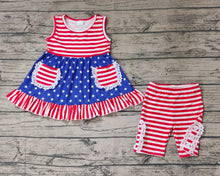 Load image into Gallery viewer, Baby Girls 4th Of July Stars Pockets Tunic Top Ruffle Shorts Clothes Sets