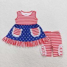 Load image into Gallery viewer, Baby Girls 4th Of July Stars Pockets Tunic Top Ruffle Shorts Clothes Sets