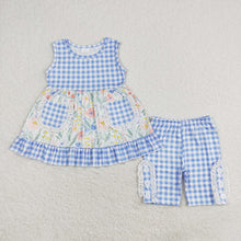 Load image into Gallery viewer, Baby Girls Blue Flowers Checkered Pocket Tunic Legging Clothes Sets