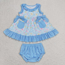 Load image into Gallery viewer, Baby Girls Blue Pocket Pink Flowers Sleeveless Top Summer Bummies Clothes Sets