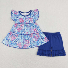 Load image into Gallery viewer, Baby Girls Blue Flowers Tunic Shorts Summer Clothes Sets