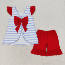Load image into Gallery viewer, Baby Girls 4th Of July Dog Flag Bow Top Ruffle Shorts Clothing Sets
