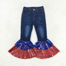 Load image into Gallery viewer, Baby Girls 4th Of July Denim Sequin Bell Bottom Pants Jeans