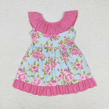 Load image into Gallery viewer, Baby Girls Blue Dots Pink Flowers Bow Knee Length Dresses