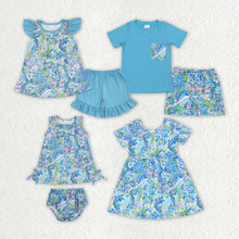 Load image into Gallery viewer, Baby Girls Blue Flowers Sibling Rompers Clothes Sets